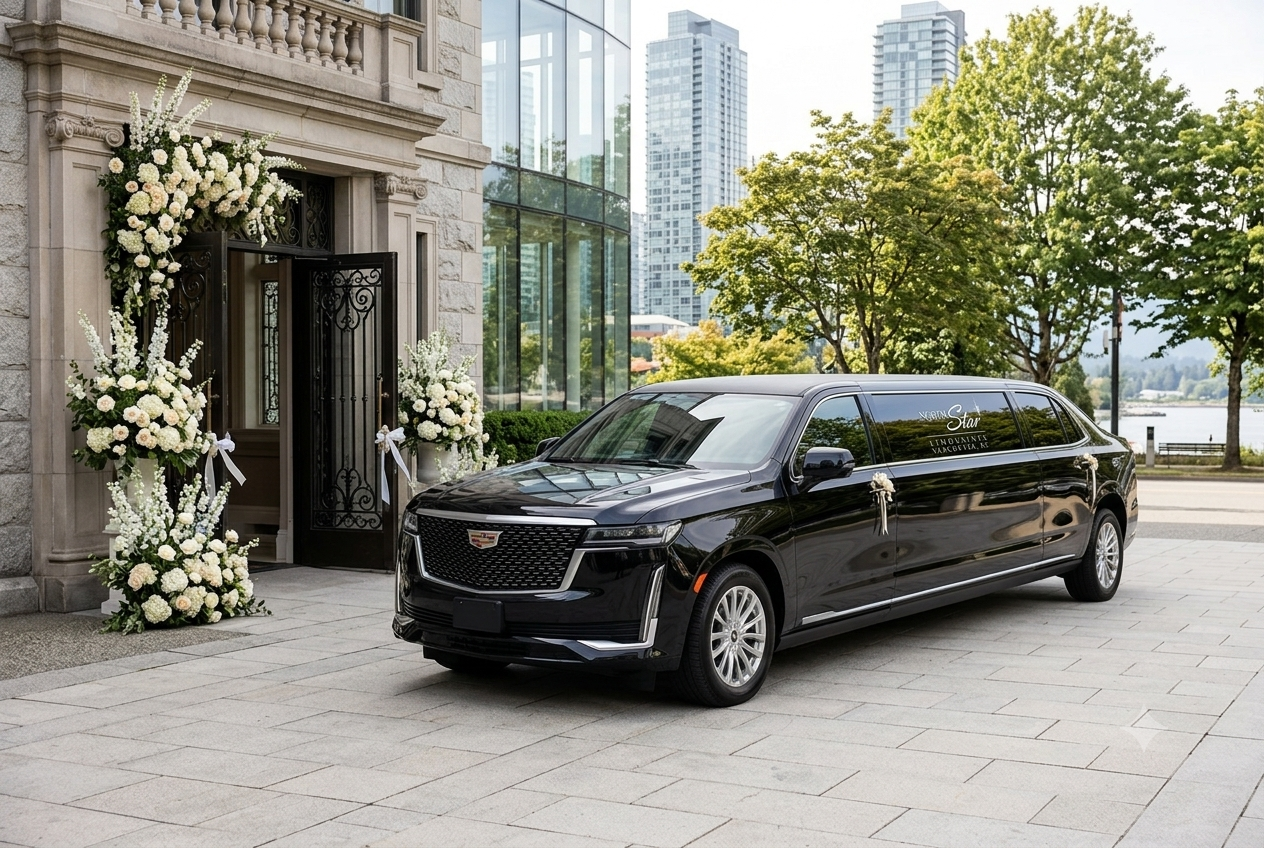 Vancouver wedding limousine rental outside an elegant wedding venue