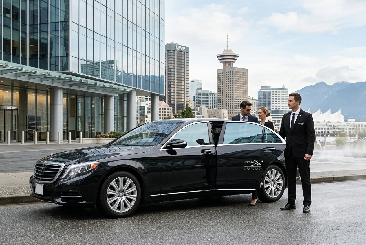 Corporate limo rental services Vancouver with chauffeur and luxury limousine.